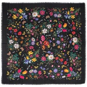 Gucci Flora Vittorio Accornero Huge Multi Colored Floral Print Black Wool Scarf